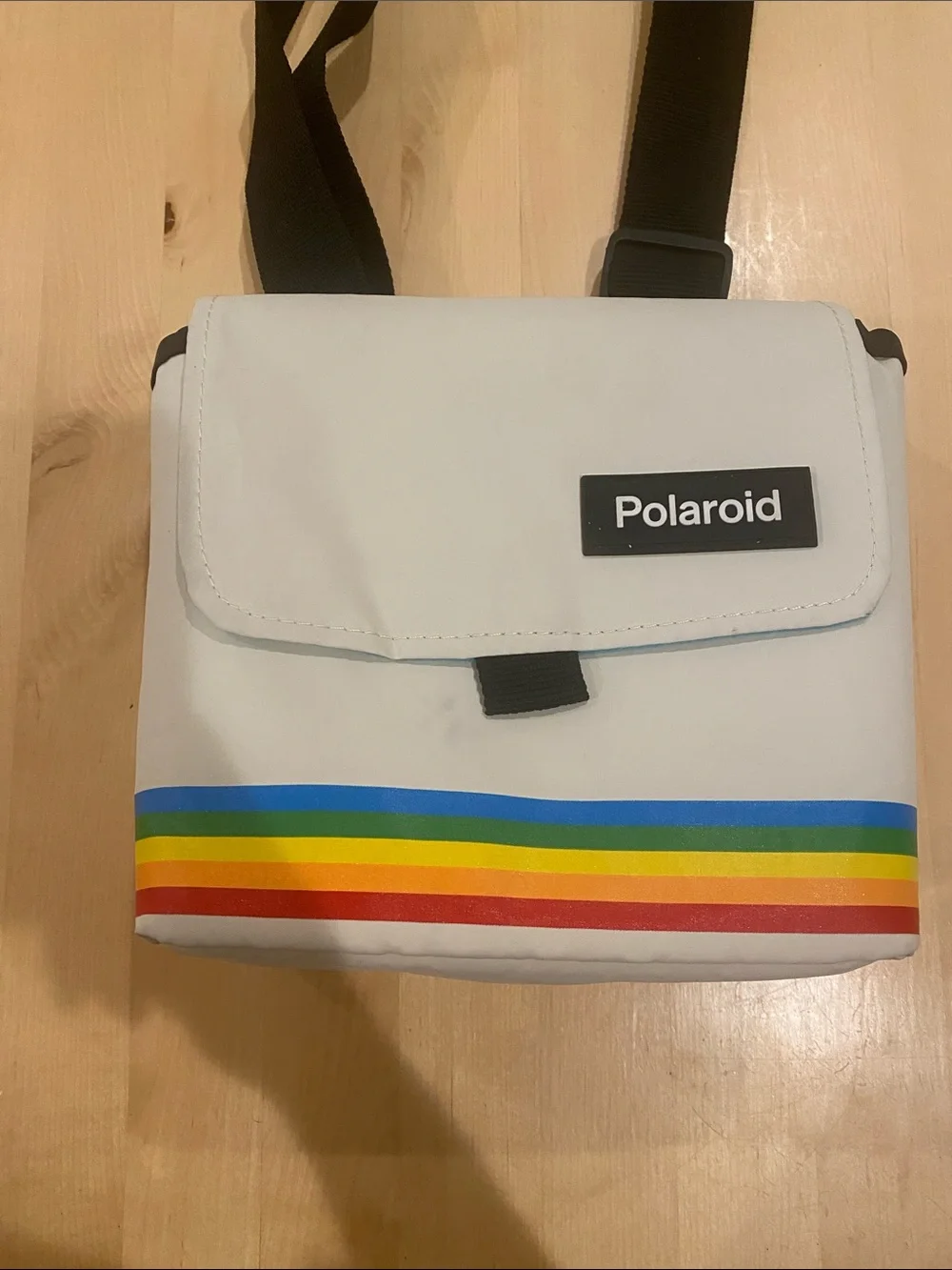 Polaroid White Messenger Bag with Rainbow Stripes and Black Strap